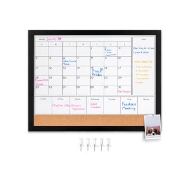 Imagem de Aitakatta Calendário apagável a seco 4 em 1 para parede com moldura de madeira preta, quadro branco magnético de 43 x 33 cm, quadro branco de cortiça, quadro branco suspenso para decoração/memorando