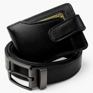 Imagem de Kit Carteira Masculina Couro Legitimo + Cinto Dupla Face 2 Em1 Preto e