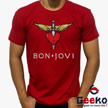 Imagem de Camiseta Bon Jovi 100% Algodão Rock Geeko, Vermelho gola car letra bra