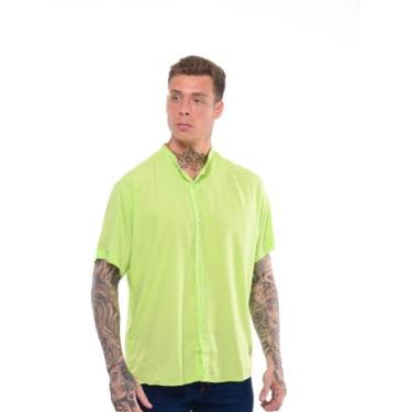 Imagem de Camisa Social Gola Padre Masculina Manga Curta Lisa - Volgue, Verde li
