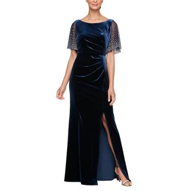Imagem de Alex Evenings Vestido feminino longo de veludo para mãe da noiva com mangas esvoaçantes e fenda frontal, Veludo marinho, 42