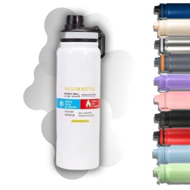Imagem de Garrafa de Água Térmica Inox 800ml Esportiva com Alça Parede Dupla Isolada a Vácuo Antivazamento Garrafinha Academia Fitness Corrida Esportes Escritório Aço Inox (Preto) (Branco)