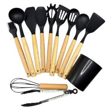 Imagem de Kit 12 Utensílios de Cozinha em Silicone Premium com Cabo de Madeira Resistente ao Calor, Antiaderente, Seguro para Panelas, Colher, Espátula, Batedor e Concha Preto