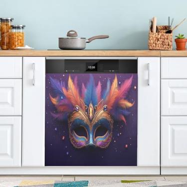Imagem de ATTX Máscara colorida Mardi Gras capa magnética para lava-louças | Adesivo decorativo de eletrodomésticos de 58 x 66 cm para armários domésticos e eletrodomésticos (145)