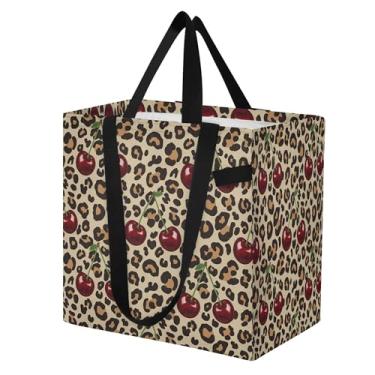 Imagem de SEHANY Sacola reutilizável de cereja e leopardo com alças reforçadas, bolsa de compras de lona dobrável à prova d'água de grande capacidade para viagem, cozinha, praia