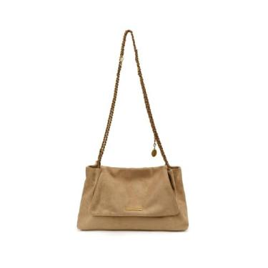 Imagem de Bolsa feminina Hobo de camurça, grande, elegante, com fivela magnética, bolsa tiracolo casual com corrente de metal para viagens, Caqui, Casual
