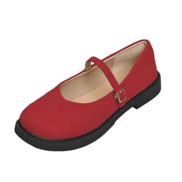 Imagem de Mocassins femininos modernos, casuais, com fivela sólida, bico redondo, salto médio, camurça flocada, Vermelho, 38