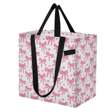 Imagem de SEHANY Sacolas de compras reutilizáveis com laço rosa fofo com alças reforçadas, bolsa de compras de lona dobrável à prova d'água de grande capacidade para viagem, cozinha, praia