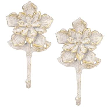 Imagem de Sungmor Conjunto de 2 ganchos vintage de flores de ferro fundido, ganchos de parede florais brancos rústicos para casacos, chapéus e toalhas, cabides decorativos montados na parede para entrada