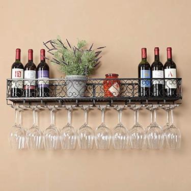 Imagem de Prateleiras de vinho de ferro forjado suporte de copo de parede suporte de copo pendurado armário de vinho suporte de copo de vidro de cabeça para baixo barra de cozinha bronze 60 * 25 * 16 cm (preto