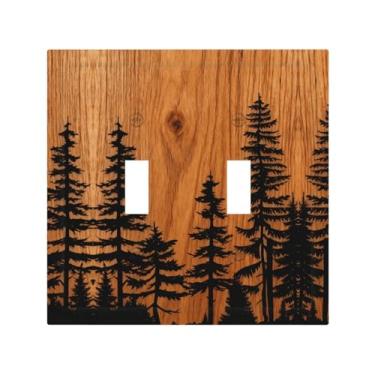 Imagem de Capa de interruptor de luz rústica fazenda marrom floresta pinheiro impressão de grão de madeira 2 gangues placa de parede com interruptor duplo placa decorativa para banheiro cozinha quarto decoração