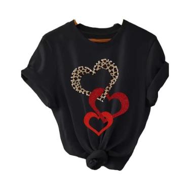 Imagem de Camiseta Casual Feminina Com Estampa De Coração, Manga Curta, Decote R
