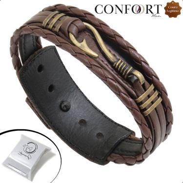 Imagem de Pulseira Ajustável De Couro Marrom Masculina Anzol Pescaria Ouro Velho Preto-Unissex