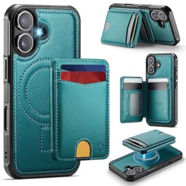 Imagem de Usroom Capa carteira para iPhone 16 compatível com Magsafe, porta-cartão magnético com bloqueio de RFID, 2 em 1, suporte destacável, à prova de choque, capa para iPhone 16 de 6,1 polegadas, verde