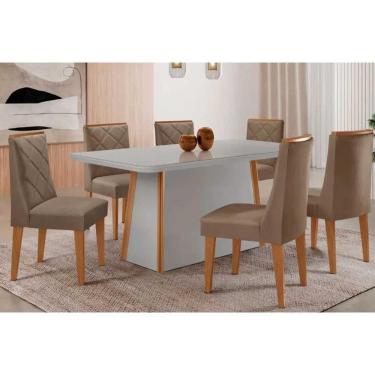 Imagem de Conjunto: Mesa Sala Jantar Tilia Curvo 180cm + 6 Cadeiras Pietá Madeira Naturale/Off White - Capuccino/Suede Capuccino - Rufato
