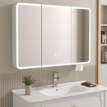 Imagem de Armário de armazenamento de banheiro moderno montado na parede com espelho LED antiembaçamento, luzes de escurecimento contínuas, vaidade de alumínio com rack de beleza e orifício de papel, painel