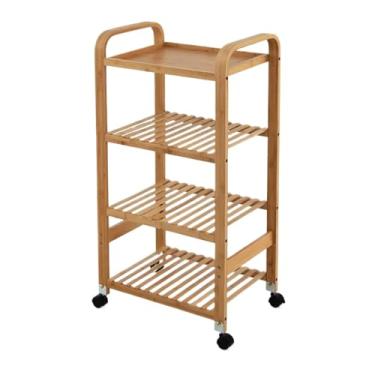 Imagem de Carrinho utilitário Carrinho móvel de bambu para servir cozinha, 4 camadas, com prateleira armazenamento e rodízios tampa, móveis rack