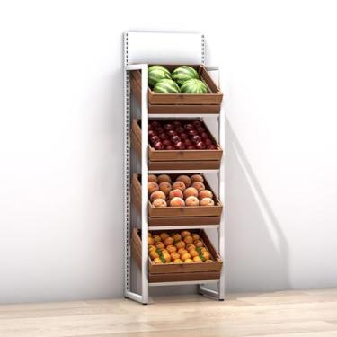Imagem de Prateleiras comerciais de vegetais e frutas, rack de exibição de supermercado de 3 a 4 níveis com cestas de madeira, suporte de lanche de grande capacidade para cozinha, suporte de armazenamento de