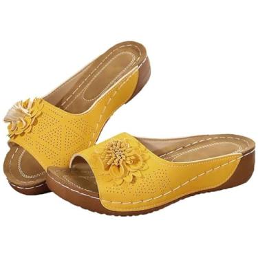 Imagem de RiceelSor Sandálias femininas elegantes de flor ortopédica plataforma casual confortável com bico aberto, com suporte de arco, chinelos de praia boho de verão, Amarelo, 36