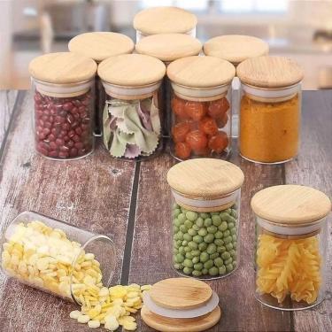 Imagem de Kit 6 Mini Porta Mantimento Vidro Borossilicato Pote Tampa Hermética Bambu 90ml - Wolff