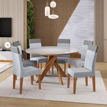 Imagem de Conjunto Sala de Jantar Mesa 137cm com Tampo de Vidro Mônaco com 6 Cadeiras Paris Madetal - Mel/Nude/Cinza