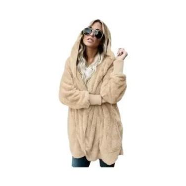 Imagem de Jaqueta Cardigã Feminina Oversized Com Capuz De Fleece Manga Longa Que