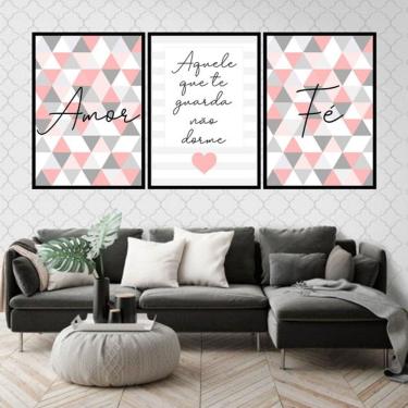 Imagem de Kit 3 Quadros Decorativos Fé Amor Triângulos Salmon