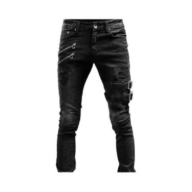 Imagem de Calças Jeans Masculinas Retrô Estilo Motoqueiro, Skinny Com Zíper E Fu