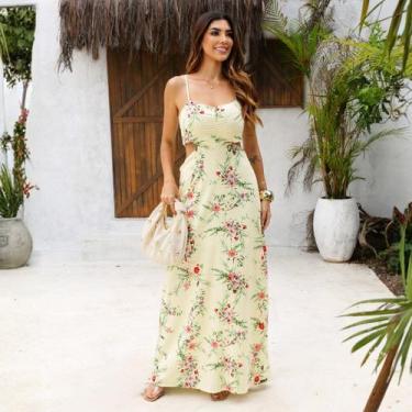 Imagem de Vestido Longo Deote Franzido Feminino Revanche Bayamo, G, Amarelo clar