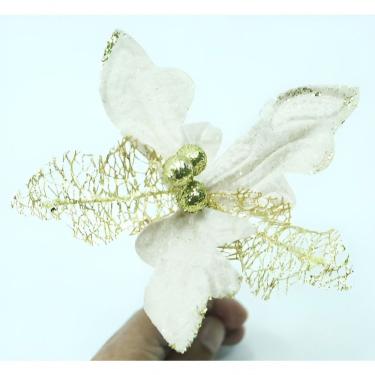 Imagem de Kit 20 Flor Artificial Decorativa Bico de Papagaio Vazado para Arranjos e Árvores de Natal com Glitter Dourado Outras