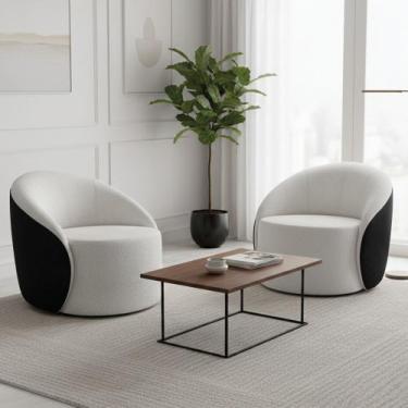 Imagem de Poltrona Sala Orgânica Kit 2 Lua Fixa Sintético PU Preto/Bouclê Cinza 