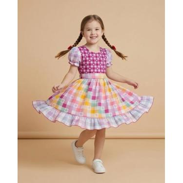 Imagem de Vestido Infantil Rodado Rosa Rainbow Festa Junina 2026 São João Tamanh