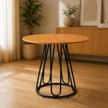 Imagem de Mesa De Jantar Redonda Tampo Madeira Mdp 90cm Base Em Aço Compacta Par