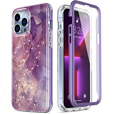 Imagem de ESDOT Capa para iPhone 13 Pro Max com protetor de tela integrado, capa de grau militar com designs modernos para mulheres e meninas, capa protetora para Apple iPhone 13 Pro Max de 6,7 polegadas, roxo, mármore