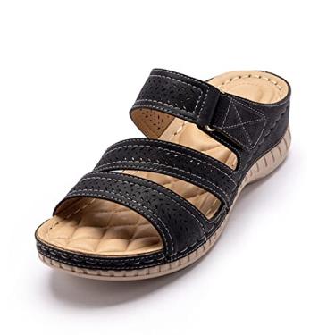 Imagem de Sandália feminina ortopédica anabela confortável peep toe sandália vintage aberta lazer ambiente externo praia sapatos preto, 40