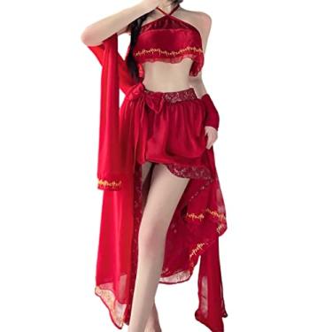 Imagem de SINROYEE Women Through Sheer Mesh Outfits Jumpsuits Party Costume for Women Tassel Sexy Anime Lingerie Cosplay (Red#1)