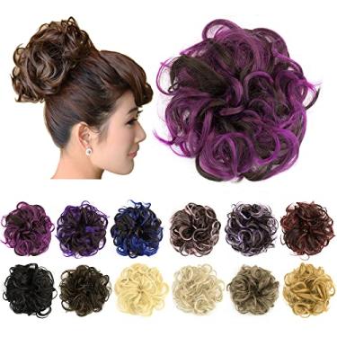 Imagem de IMISSU 2PCS de cabelo bagunçado coque updo scrunchies falsos rabo de cavalo extensão de cabelo ondulado encaracolado chignon faixa de cabeça para meninas (2PCS Rosa marrom)
