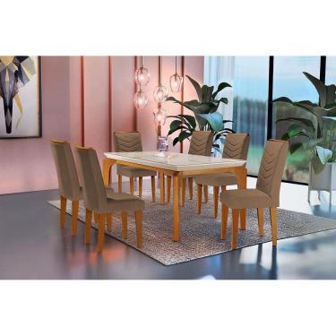 Imagem de Conjunto: Mesa Sala Jantar Londrina c/ Tampo Madeirado c/ Vidro 180cm + 6 Cadeiras Londrina Imbuia/Animale Chocolate - Rufato
