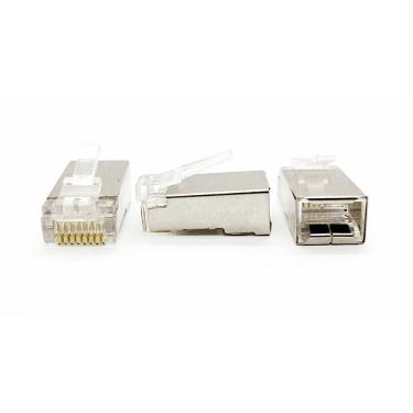 Imagem de Conector RJ45 CAT6 Blindado em Metal 8P8C Suporta Gigabit Ethernet Exbom RJ45C6M100 Cx c/ 100 Un.