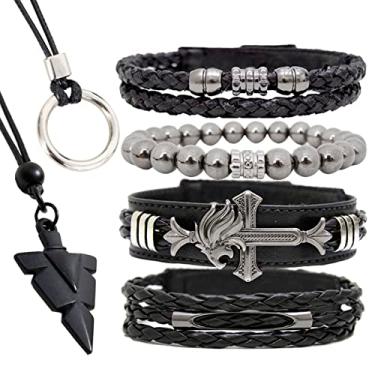 Imagem de Pulseiras Masculinas Kit C/4 LEÃO PRETO + 2 Colares Flecha Negra Dragão Premium (23cm)