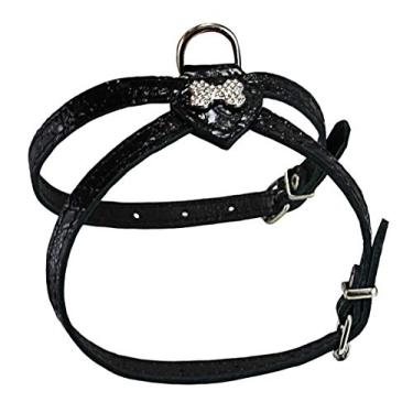 Imagem de Arreio de couro preto luxuoso com strass para cães para raças de brinquedo com diamantes de cristal PP. Sugestão para peito de 25,4 a 35,6 cm.
