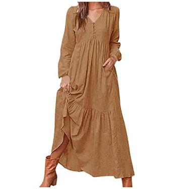 Imagem de Vestido feminino longo casual com botão de algodão e cânhamo de manga comprida maxi vestido longo feminino kaftan algodão vestido grande, Marrom, XXG