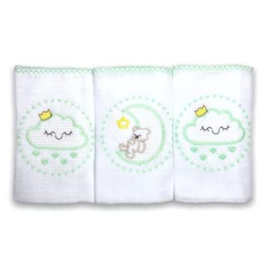 Imagem de Kit 3 Fraldas De Pano para Bebê Bordada Céu Verde (Nuvem e Lua)