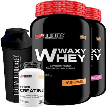 Imagem de Kit 2x Whey Protein Waxy Whey 900g + Power Creatina 100g + Coqueteleira - Bodybuilders (Morango e Paçoca)