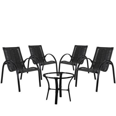 Imagem de Conjunto 4 Cadeiras Garden com Mesa em Alumínio Pintado e Fibra Sintética p/ Área de Lazer, Área de Churrasco, Jardim, Sacada, Terraço - Preto