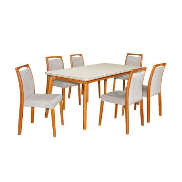 Imagem de Mesa Jantar Jade 160X90cm Off White Com 6 Cadeiras Estofadas Linho Bege Base Madeira Maciça