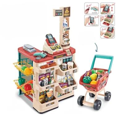 Imagem de Brinquedo Mercadinho Infantil Supermercado Com Caixa Registradora e Carrinho Luz E Som 48 peças