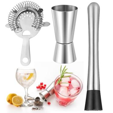 Imagem de Kit Barman Dosador De Bebida Duplo 30/60ml + Amassador Socador Caipirinha + Coador Filtro Peneira Strainer Inox Gelo Fruta P/Fazer Preparo De Bebida Drinks Coquetel Suco Profissional Bartender