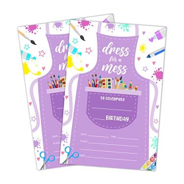 Imagem de LWBEO Cartões de convite de aniversário, convites de festa de pintura artística, suprimentos de decoração de festa de feliz aniversário infantil, 20 cartões de preenchimento com envelopes para