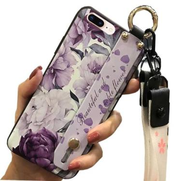 Imagem de 1 peça de tiras de suporte de pulso impressas em flor TPU silicone gel capa traseira para Apple iPhone 7 Plus/iPhone 8 Plus (flor roxa)